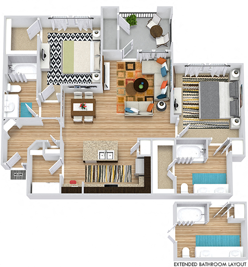 Floor plan for 2 beds, 2 baths, 1125 sqft